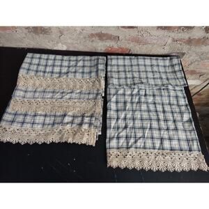 4 Curtain Panels Blue Plaid With Lace Bottoms 26" X 26"
